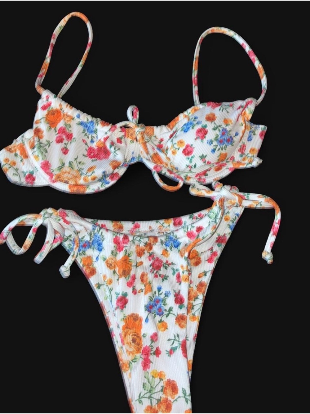 SHEIN White Floral Tie-Front Bikini with Orange, Pink & Blue Blooms